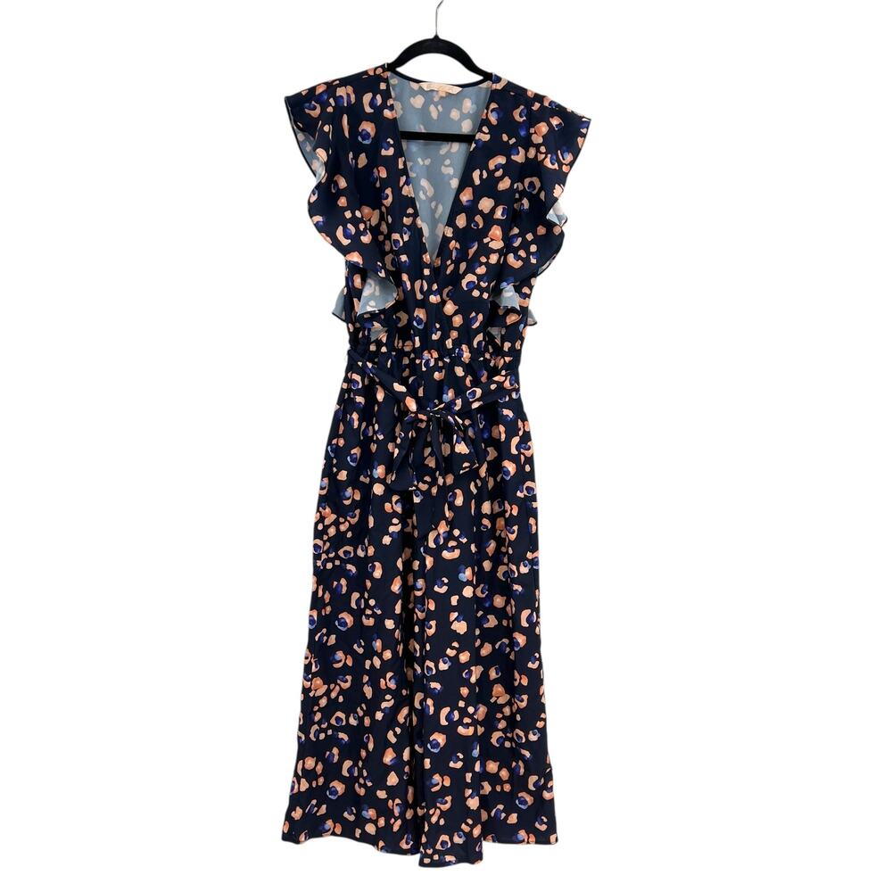 Hutch Leopard Print Jumpsuit Wide Leg Ruffle Navy Blue Size Medium